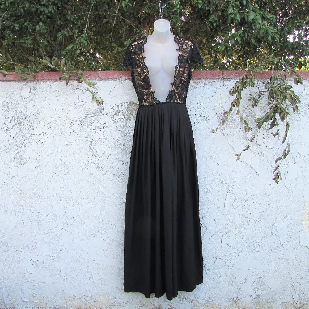 Nami black lace silk open front evening dress M